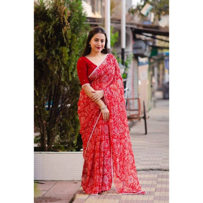 Generic Women's Georgette Printed Saree With Unstitched Blouse (Red)