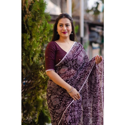 Generic Women's Georgette Printed Saree With Unstitched Blouse (Purple)