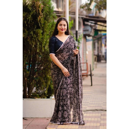 Generic Women's Georgette Printed Saree With Unstitched Blouse (Black)