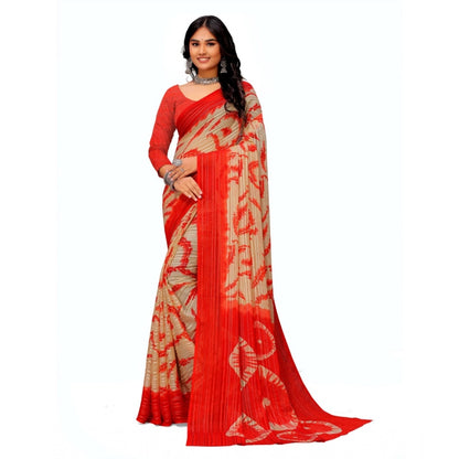 Generic Women's Georgette Printed Saree With Unstitched Blouse (Red)