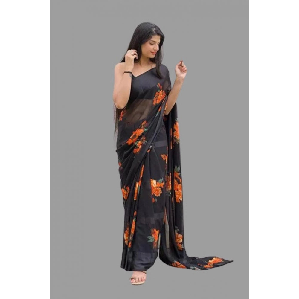 Generic Women's Satin Patta Printed Saree With Unstitched Blouse (Orange)