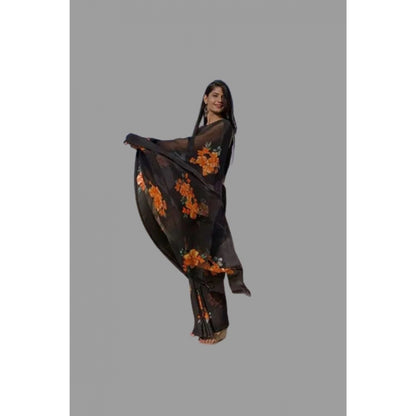 Generic Women's Satin Patta Printed Saree With Unstitched Blouse (Orange)