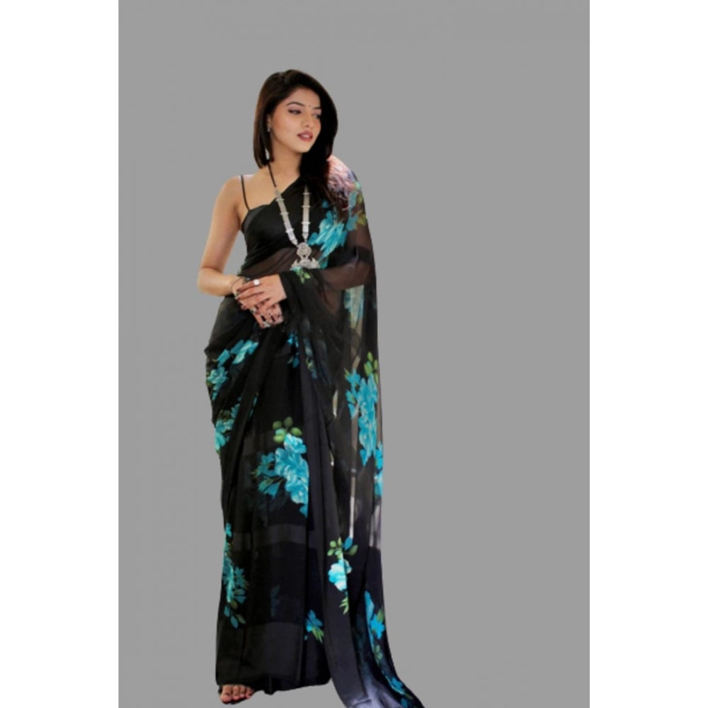 Generic Women's Satin Patta Printed Saree With Unstitched Blouse (Blue)