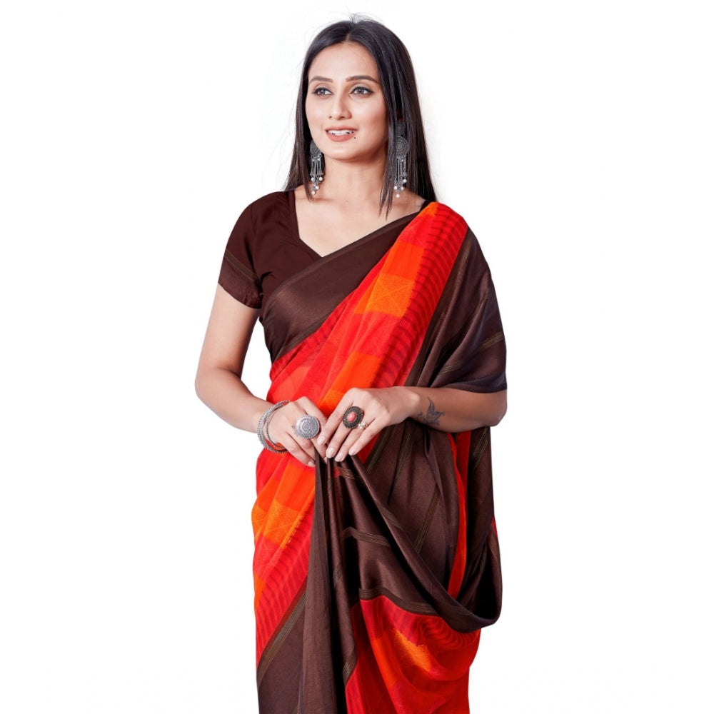 Generic Women's Satin Patta Printed Saree With Unstitched Blouse (Red)