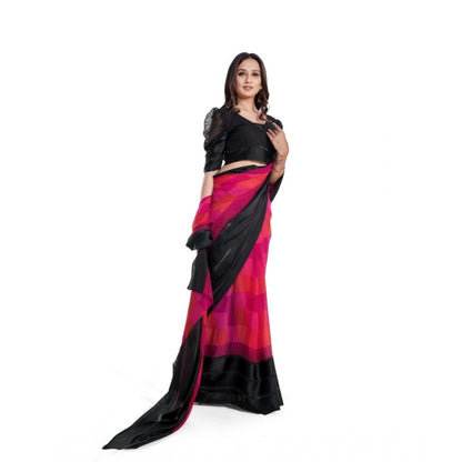 Generic Women's Satin Patta Printed Saree With Unstitched Blouse (Pink)