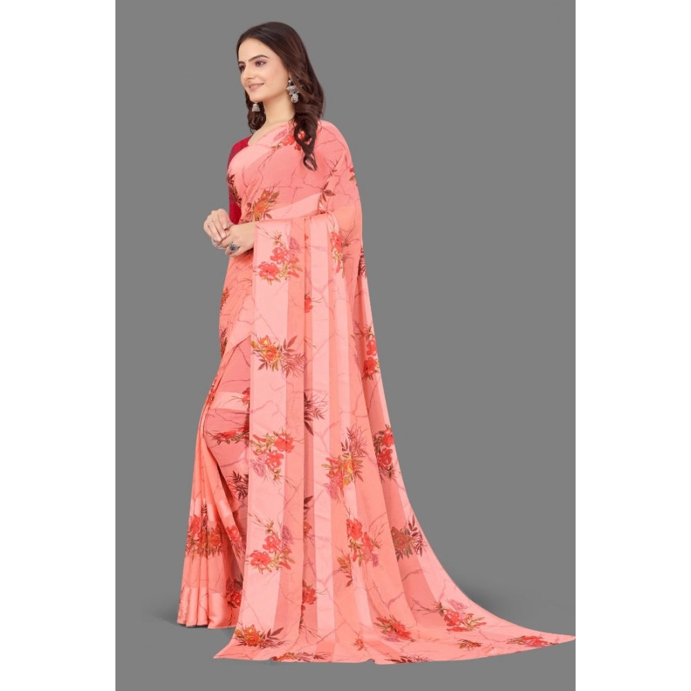 Generic Women's Satin Patta Printed Saree With Unstitched Blouse (Peach)