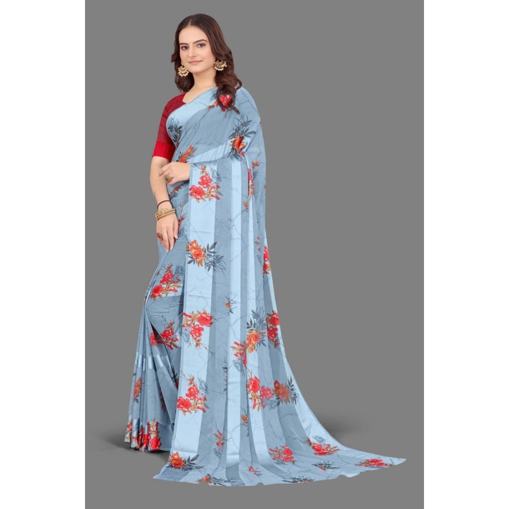 Generic Women's Satin Patta Printed Saree With Unstitched Blouse (Grey)