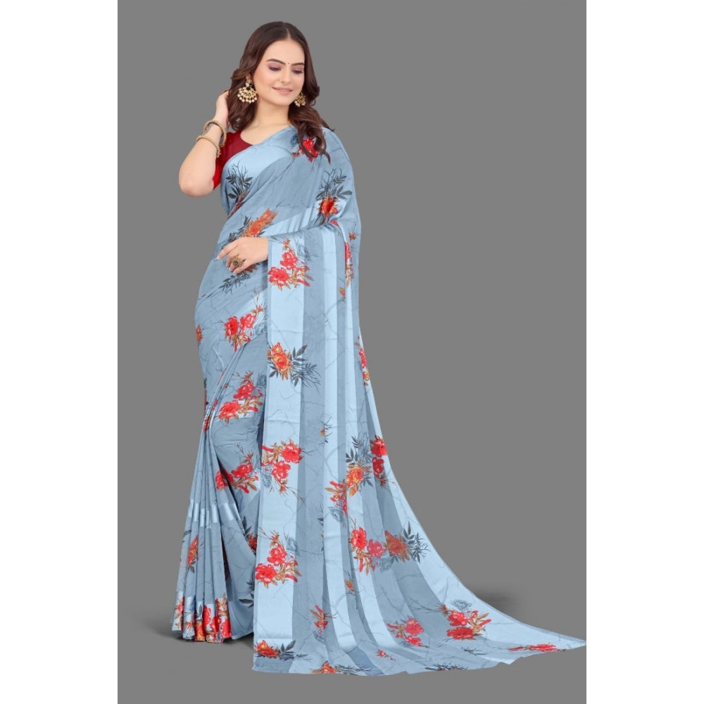 Generic Women's Satin Patta Printed Saree With Unstitched Blouse (Grey)