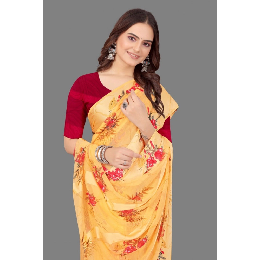 Generic Women's Satin Patta Printed Saree With Unstitched Blouse (Beige)