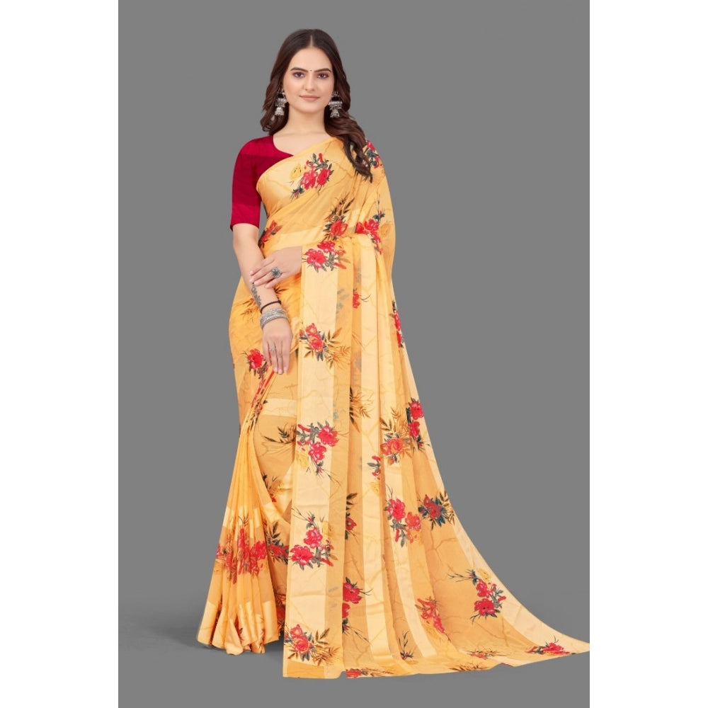 Generic Women's Satin Patta Printed Saree With Unstitched Blouse (Beige)