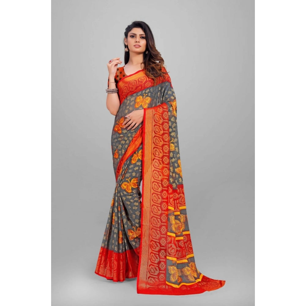 Generic Women's Viscose Rayon Printed Saree With Unstitched Blouse (Grey)