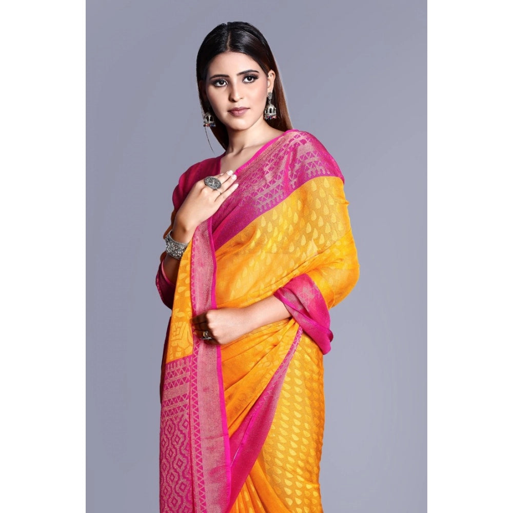 Generic Women's Viscose Rayon Printed Saree With Unstitched Blouse (Yellow)