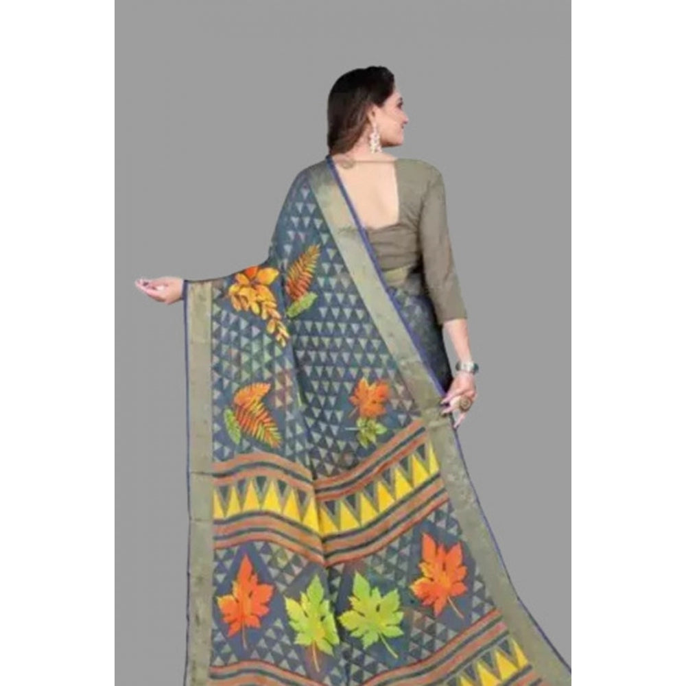 Generic Women's Viscose Rayon Printed Saree With Unstitched Blouse (Grey)