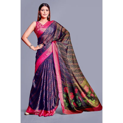 Generic Women's Viscose Rayon Printed Saree With Unstitched Blouse (Navy Blue)