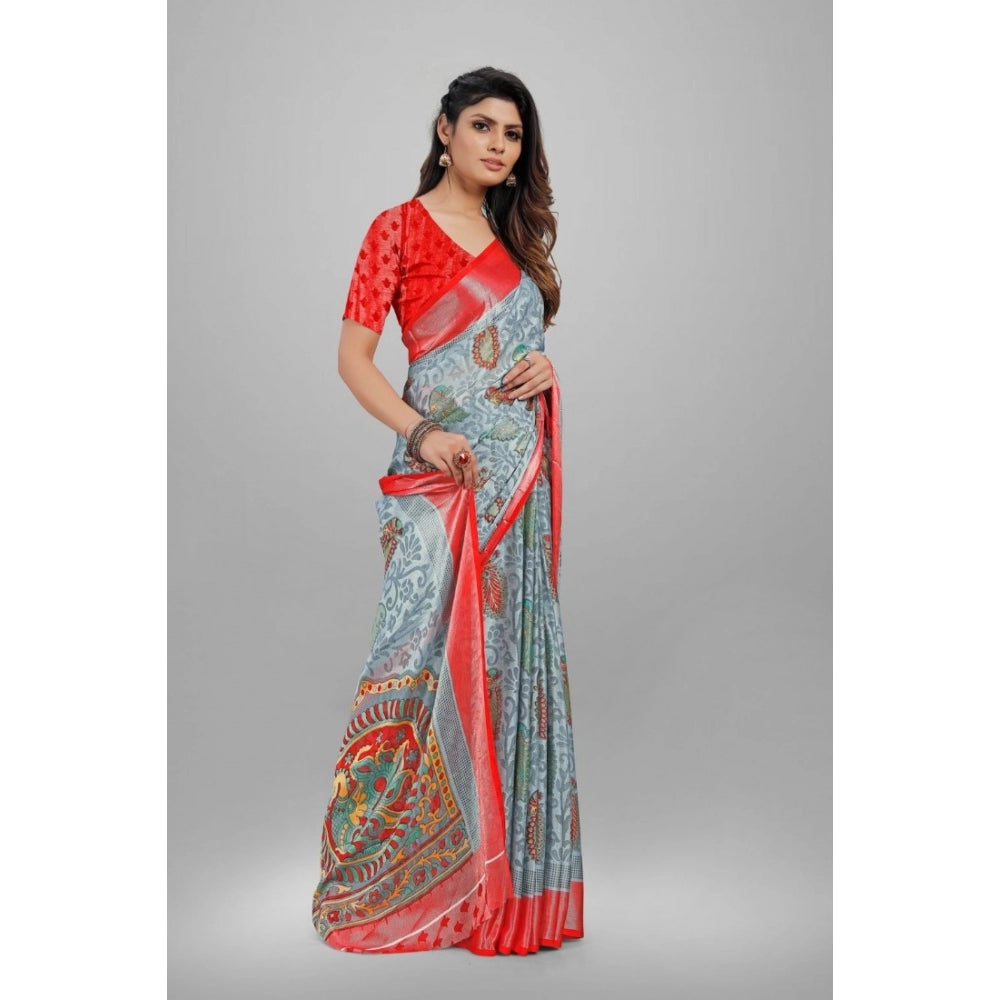 Generic Women's Viscose Rayon Printed Saree With Unstitched Blouse (Grey)