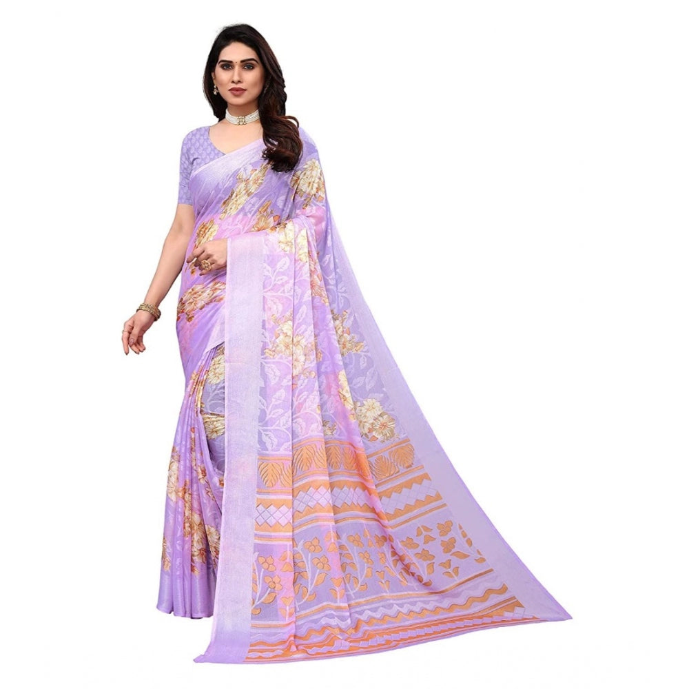 Generic Women's Viscose Rayon Printed Saree With Unstitched Blouse (Purple)