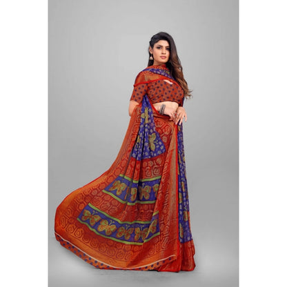 Generic Women's Viscose Rayon Printed Saree With Unstitched Blouse (Blue)