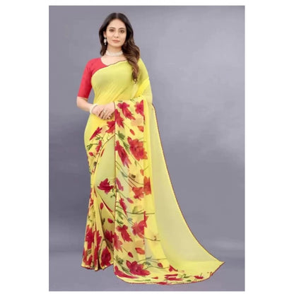 Generic Women's Georgette Printed Saree With Unstitched Blouse (Yellow)