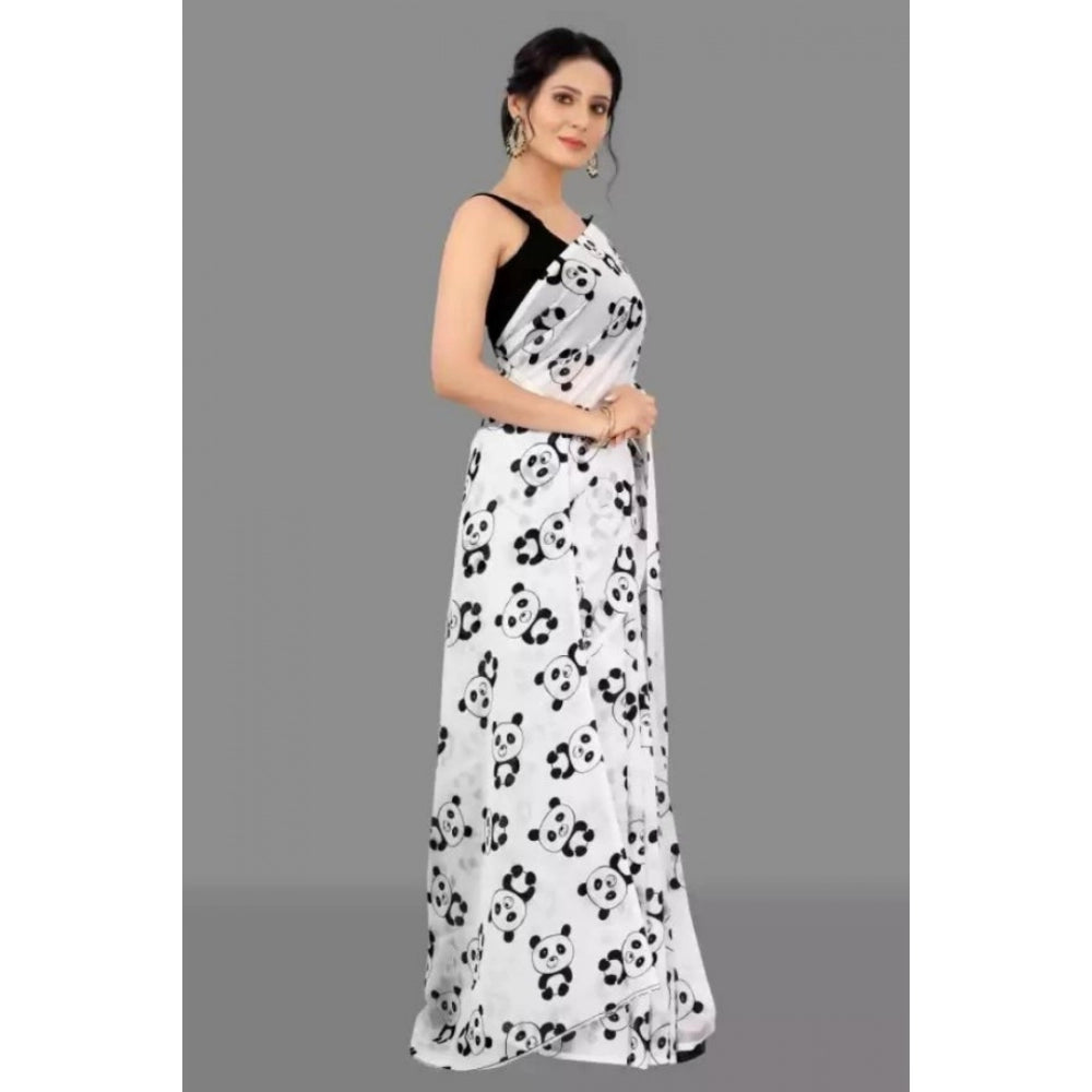 Generic Women's Georgette Printed Saree With Unstitched Blouse (White)