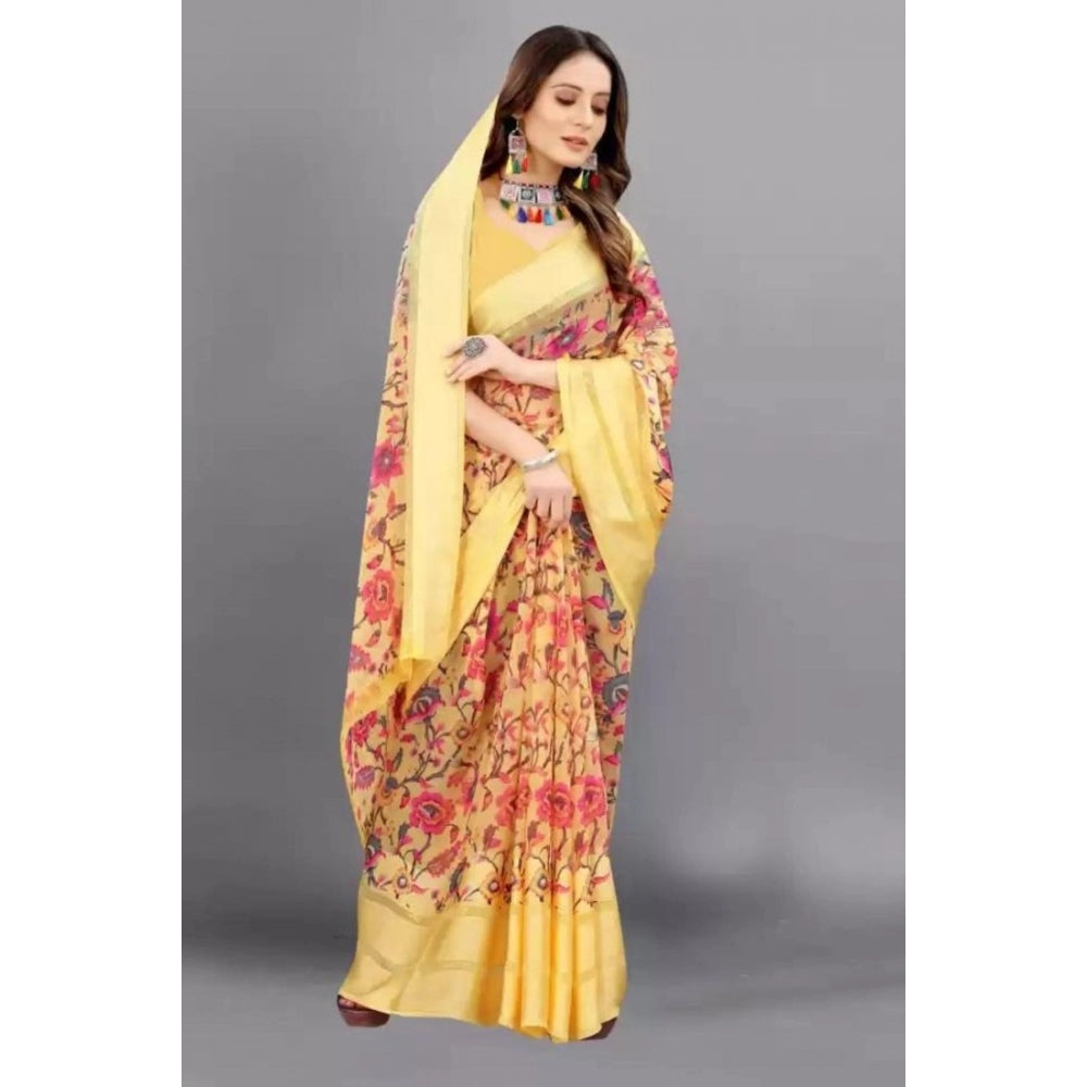 Generic Women's Satin Patta Printed Saree With Unstitched Blouse (Yellow)