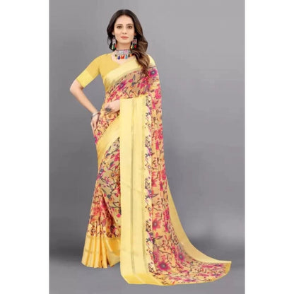 Generic Women's Satin Patta Printed Saree With Unstitched Blouse (Yellow)