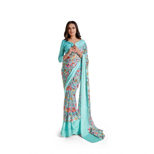 Generic Women's Satin Patta Printed Saree With Unstitched Blouse (Skyblue)