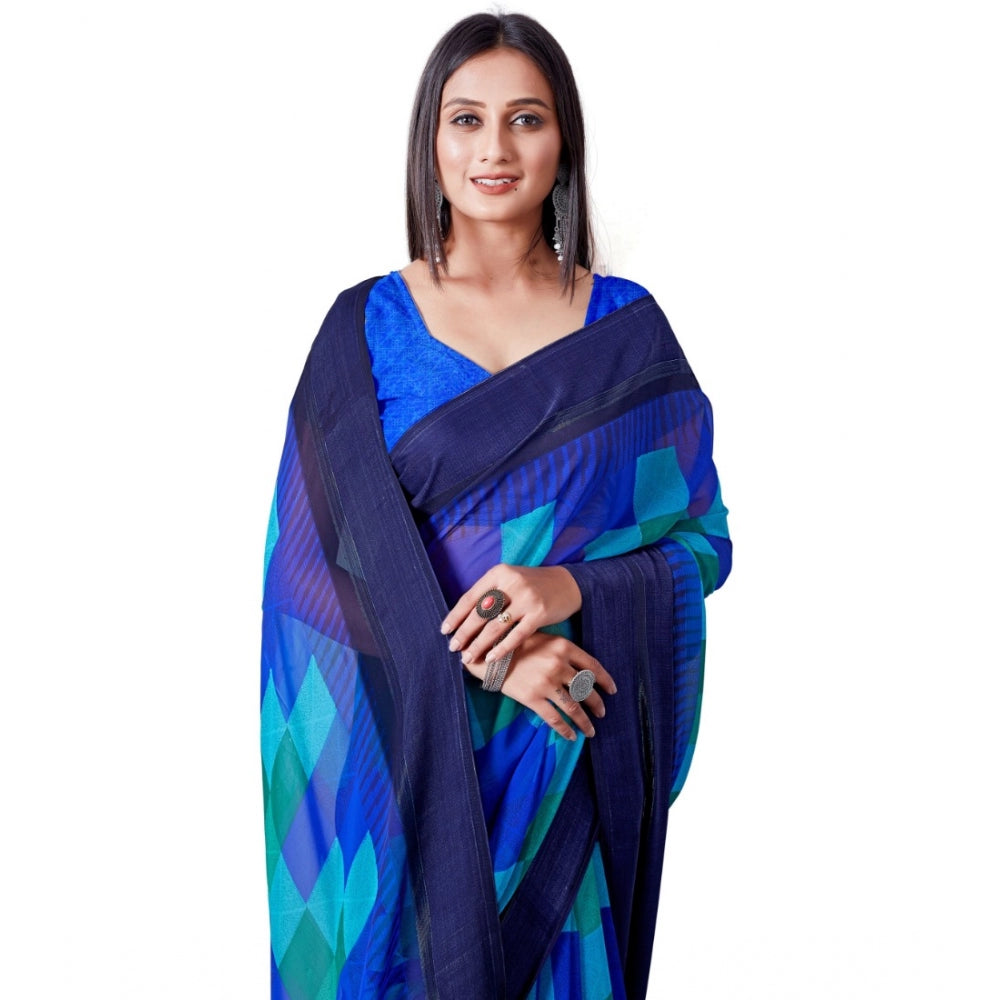 Generic Women's Satin Patta Printed Saree With Unstitched Blouse (Skyblue)