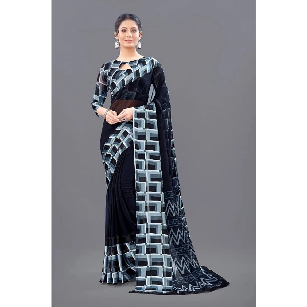 Generic Women's Satin Patta Printed Saree With Unstitched Blouse (Black)