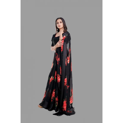 Generic Women's Satin Patta Printed Saree With Unstitched Blouse (Red)