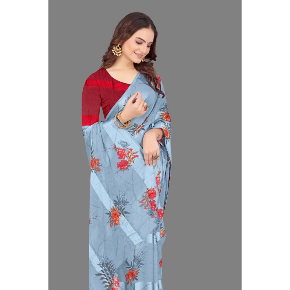 Generic Women's Satin Patta Printed Saree With Unstitched Blouse (Grey)