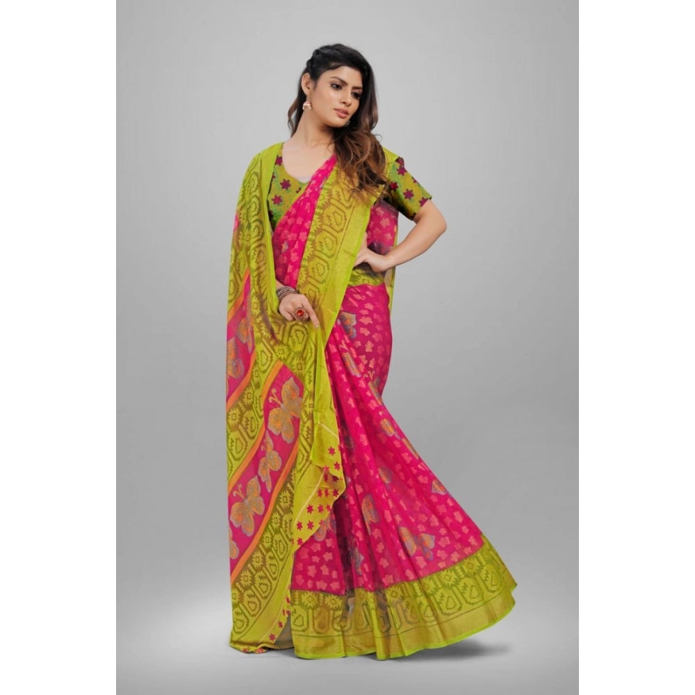 Generic Women's Viscose Rayon Printed Saree With Unstitched Blouse (Pink)