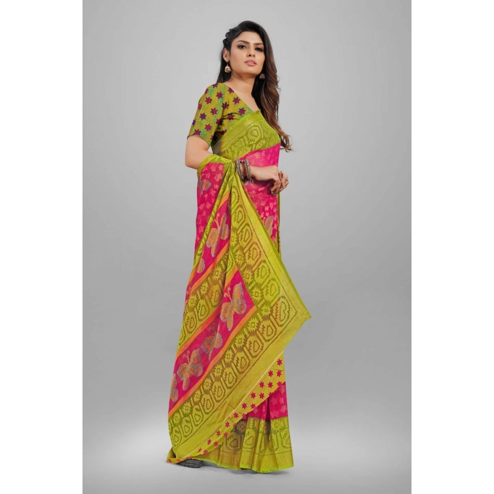 Generic Women's Viscose Rayon Printed Saree With Unstitched Blouse (Pink)