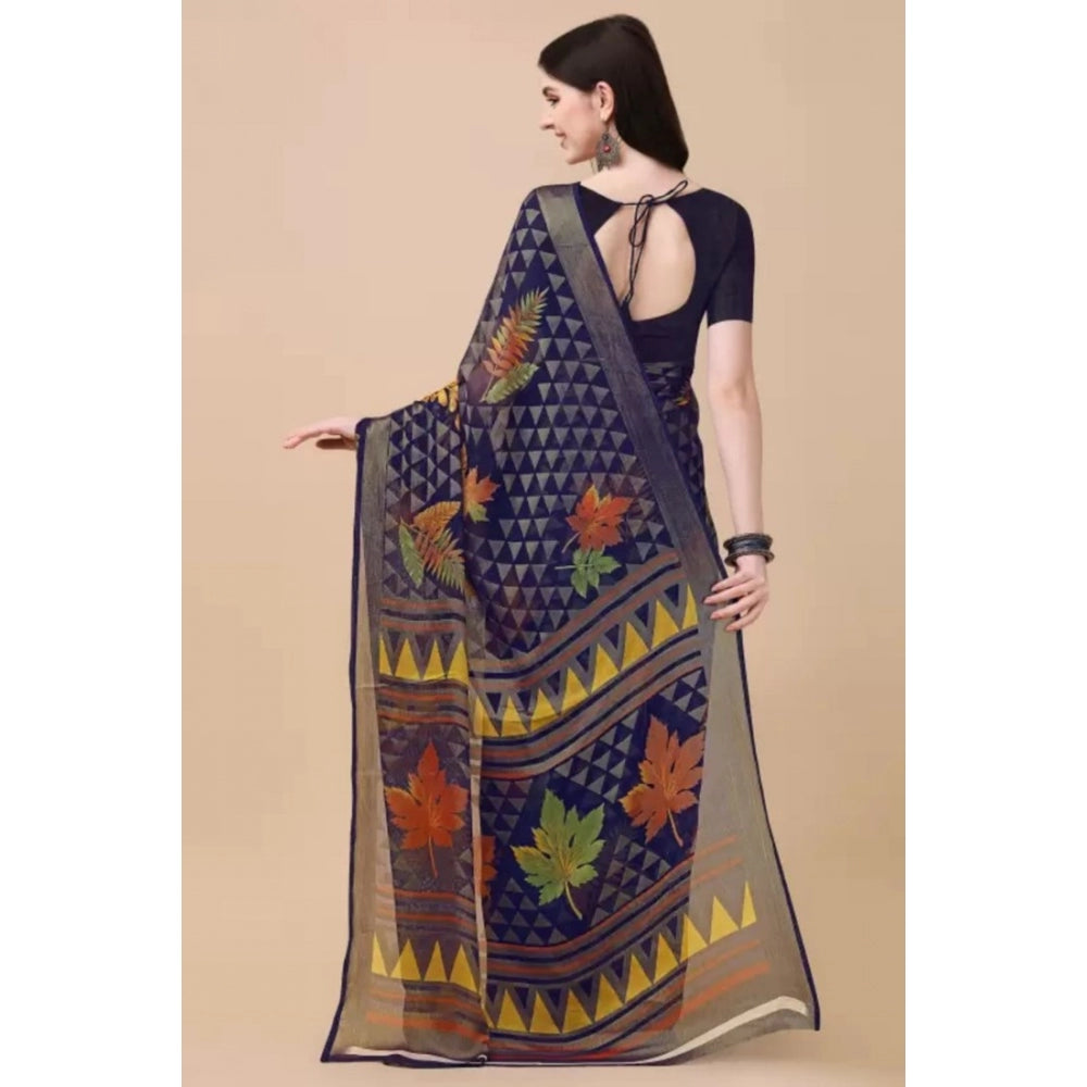 Generic Women's Viscose Rayon Printed Saree With Unstitched Blouse (Navy Blue)