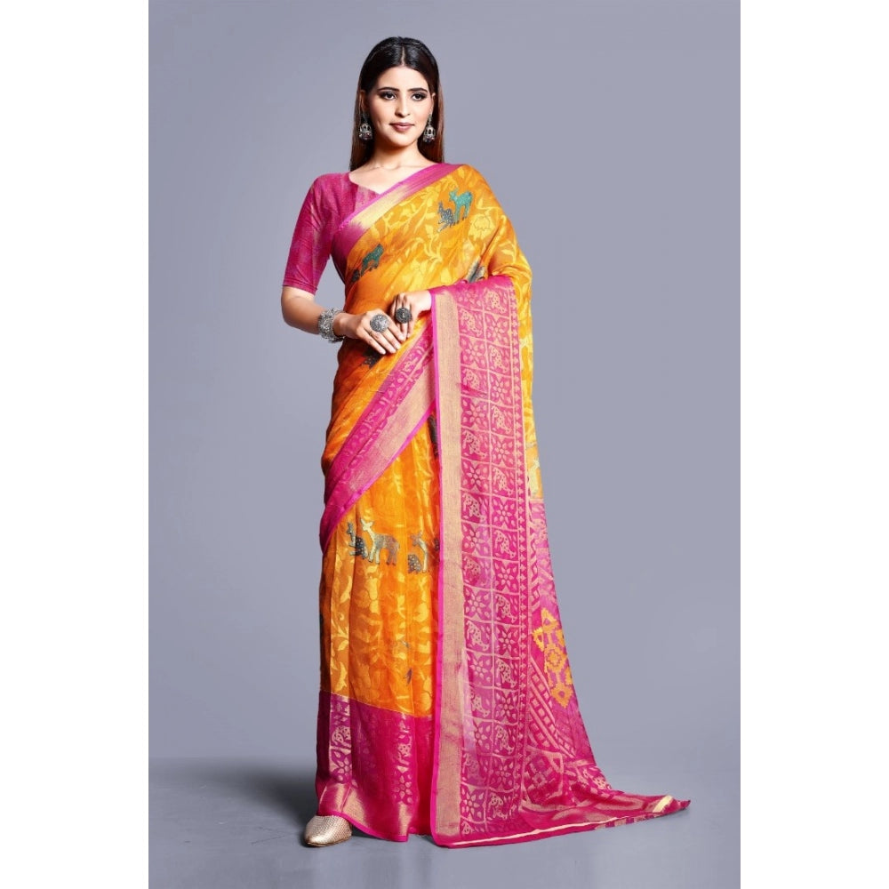 Generic Women's Viscose Rayon Printed Saree With Unstitched Blouse (Yellow)