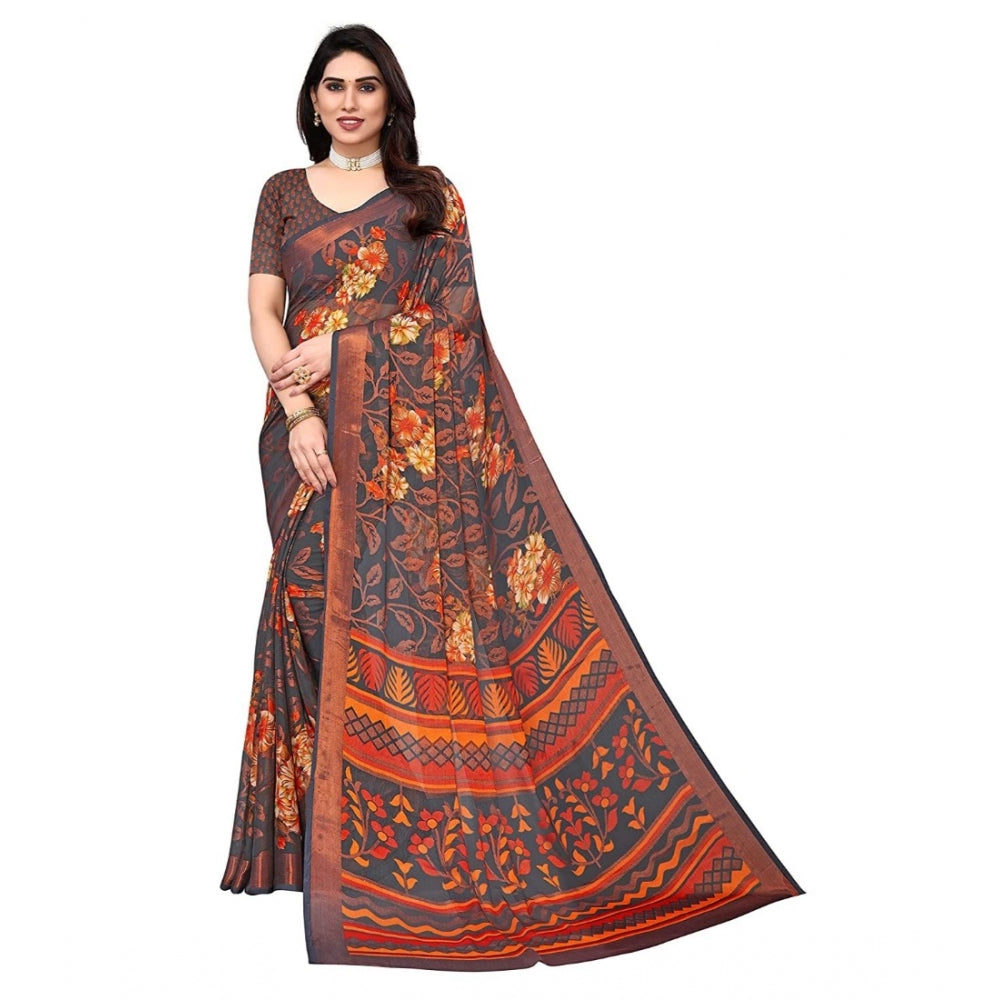 Generic Women's Viscose Rayon Printed Saree With Unstitched Blouse (Grey)