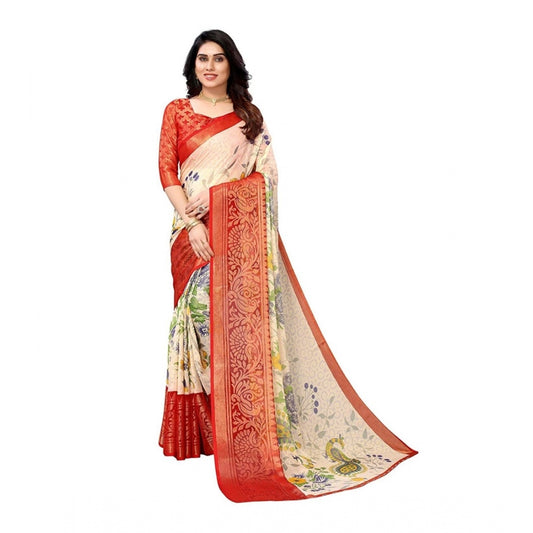 Generic Women's Viscose Rayon Printed Saree With Unstitched Blouse (Red)