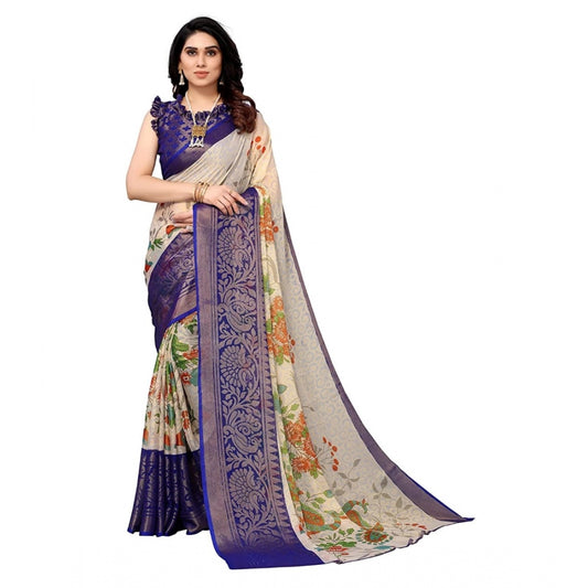 Generic Women's Viscose Rayon Printed Saree With Unstitched Blouse (Blue)