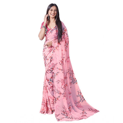 Generic Women's Georgette Printed Saree With Unstitched Blouse (Pink)