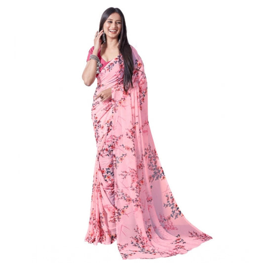 Generic Women's Georgette Printed Saree With Unstitched Blouse (Pink)