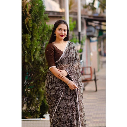 Generic Women's Georgette Printed Saree With Unstitched Blouse (Brown)