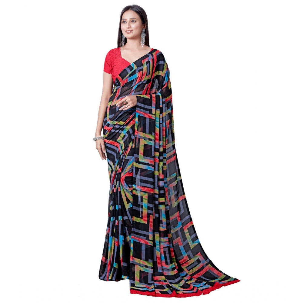 Generic Women's Georgette Printed Saree With Unstitched Blouse (Red)