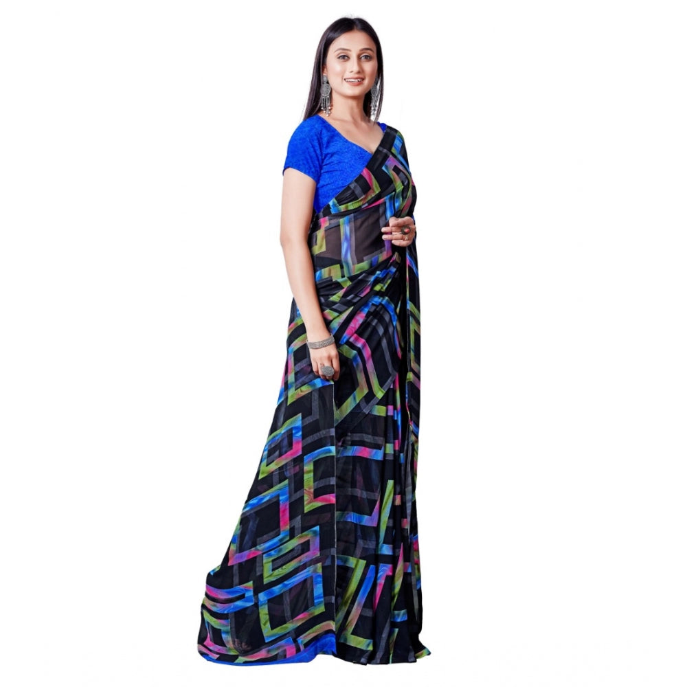 Generic Women's Georgette Printed Saree With Unstitched Blouse (Blue)