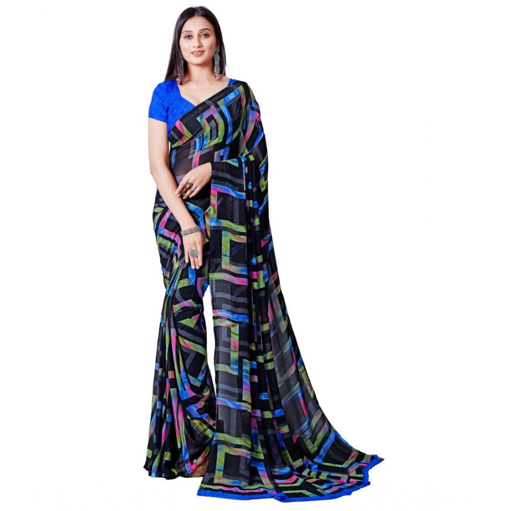 Generic Women's Georgette Printed Saree With Unstitched Blouse (Blue)