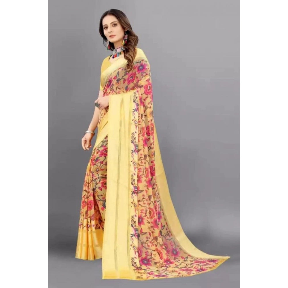 Generic Women's Satin Patta Printed Saree With Unstitched Blouse (Yellow)