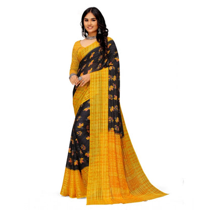 Generic Women's Georgette Printed Saree With Unstitched Blouse (Yellow)