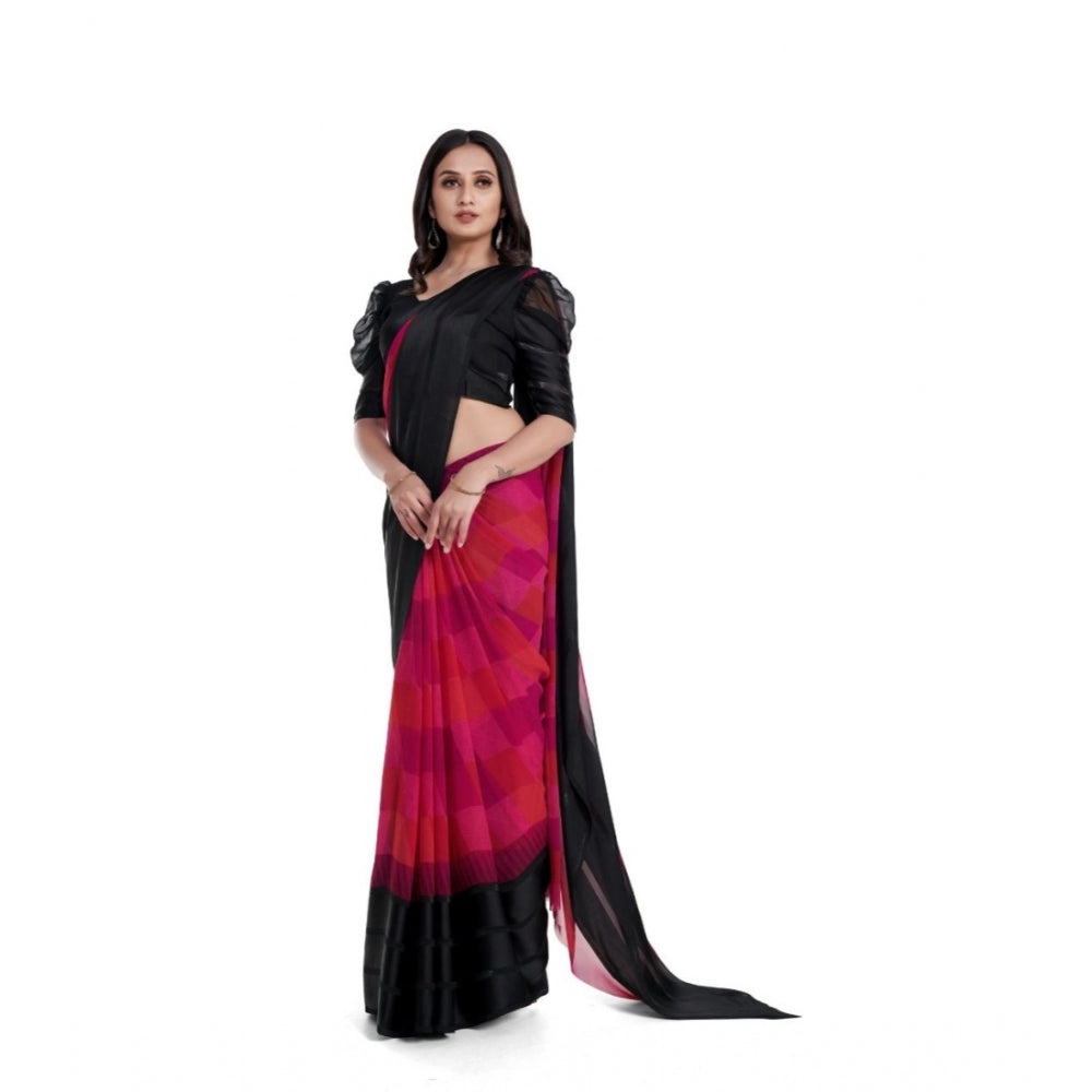 Generic Women's Satin Patta Printed Saree With Unstitched Blouse (Pink)