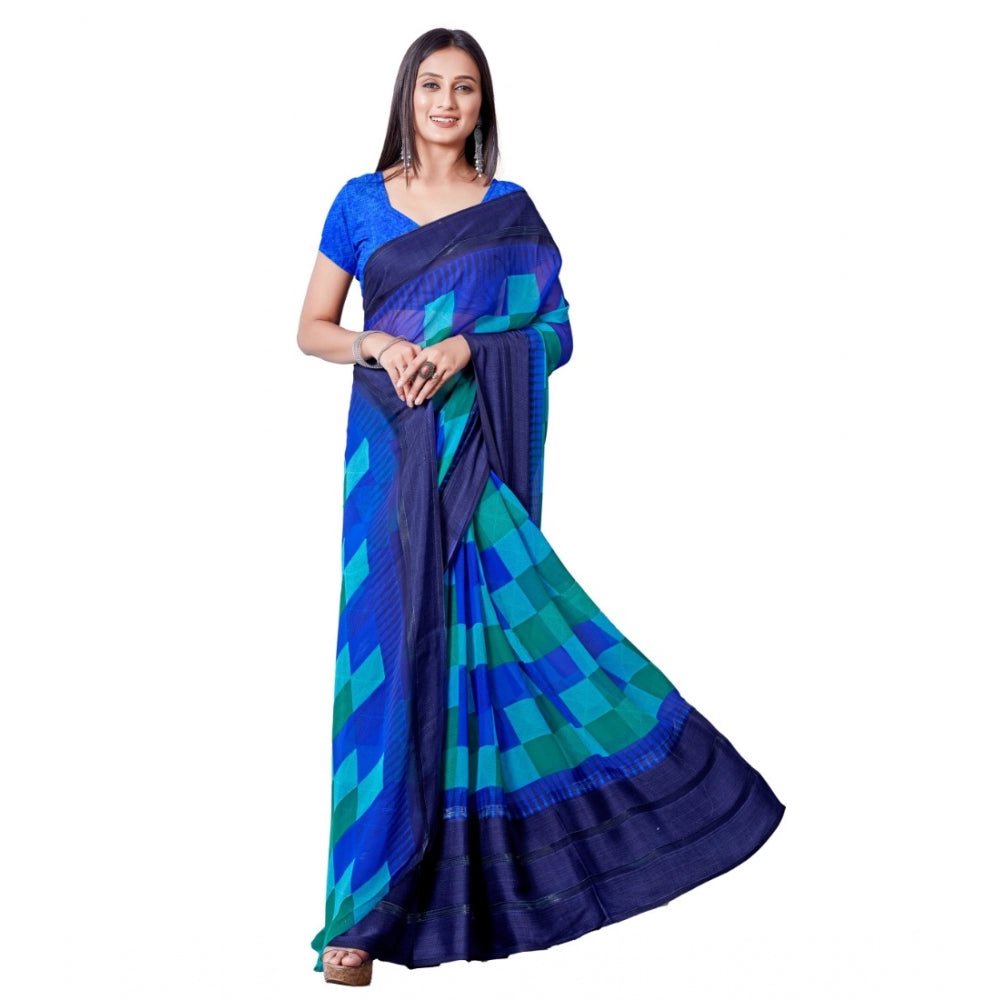 Generic Women's Satin Patta Printed Saree With Unstitched Blouse (Skyblue)