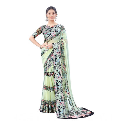 Generic Women's Satin Patta Printed Saree With Unstitched Blouse (Cream)