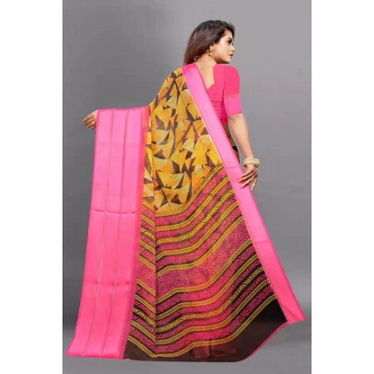 Generic Women's Satin Patta Printed Saree With Unstitched Blouse (Pink)