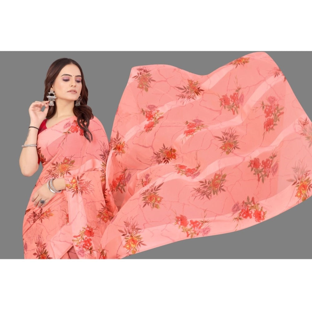 Generic Women's Satin Patta Printed Saree With Unstitched Blouse (Peach)